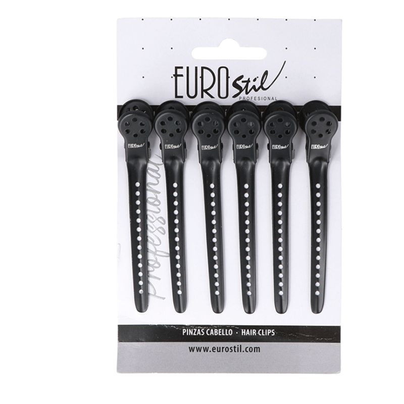ORL 07580, 6 Pinzas largas cabello negras eurostil