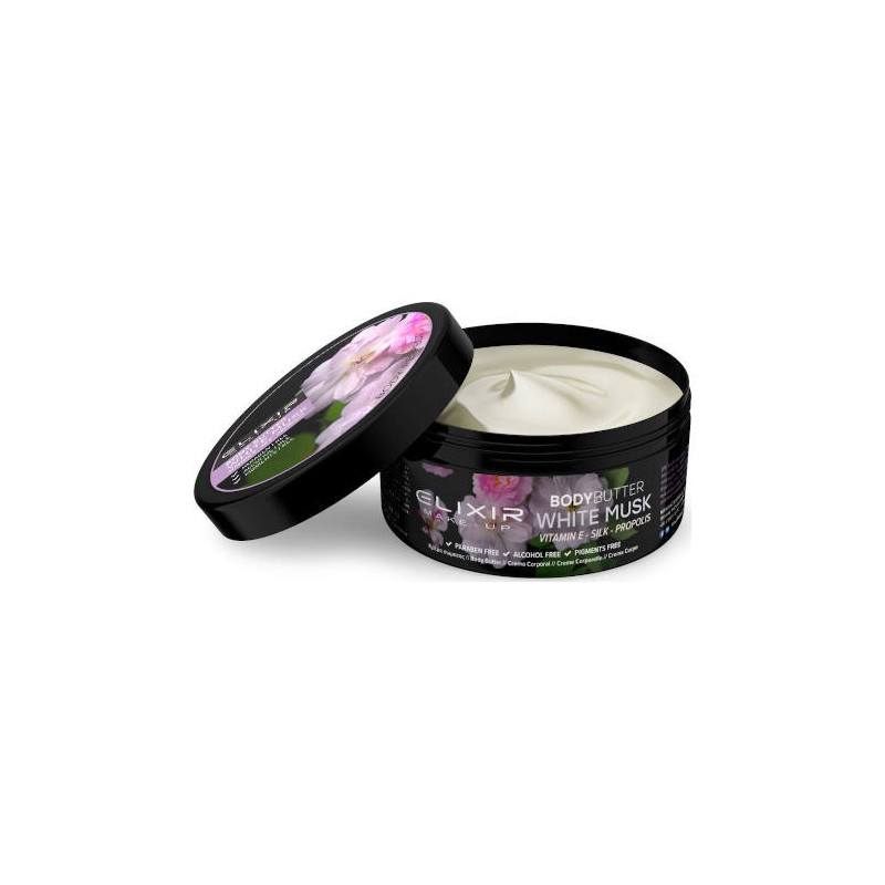 manteca corporal body butter white musk + vitamina E + seda + propolis de la firma elixir