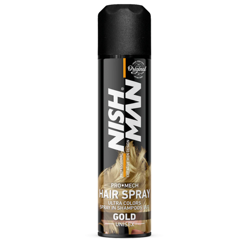 Nishman laca hair spray ultra color en gold.