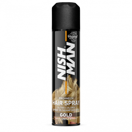 Nishman laca hair spray ultra color en gold.